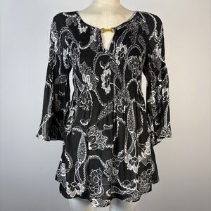 Spense Black & White Paisley Pleated Bell Sleeve Tunic Dress M